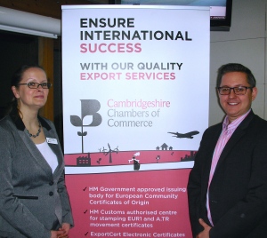 Fiona Tester, International Trade Manager, Cambridgeshire Chambers of Commerce, with Cintra Translation Business Development Manager, Anthony Gray
