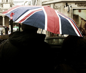 union jack umbrella London in the rain